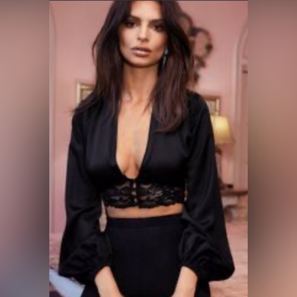 NASTY GAL x EMRATA Satin and Lace Crop Top